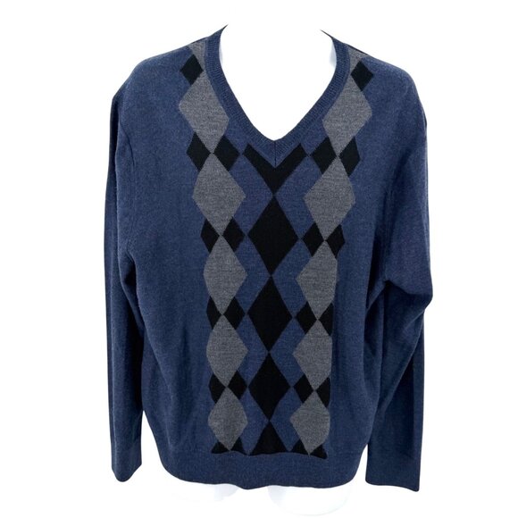 J. Ferrar Other - J. FERRAR WASHABLE MERINO WOOL BLUE GRAY BLACK ARGYLE V-NECK SWEATER - XL